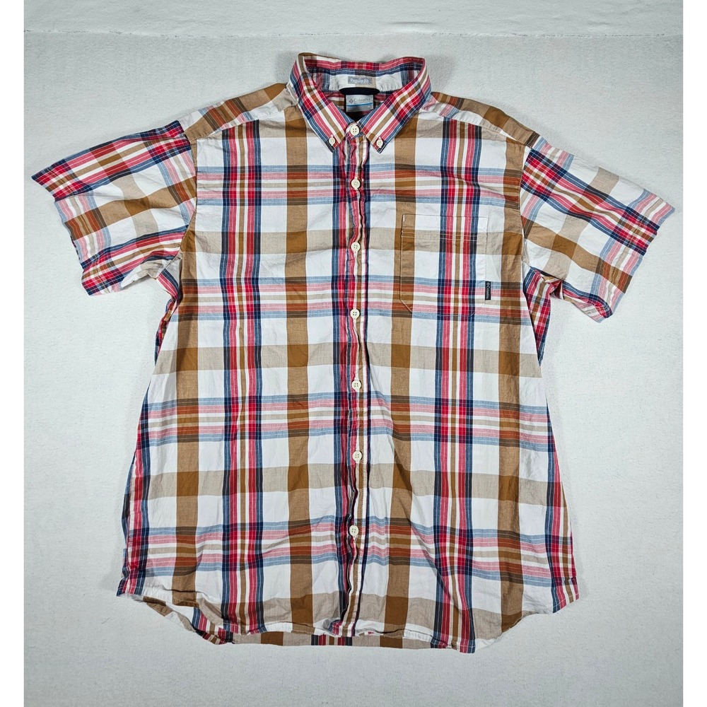 Columbia Mens XL Regular Fit Plaid Short Sleeve Button Down Shirt AM9132 Brown